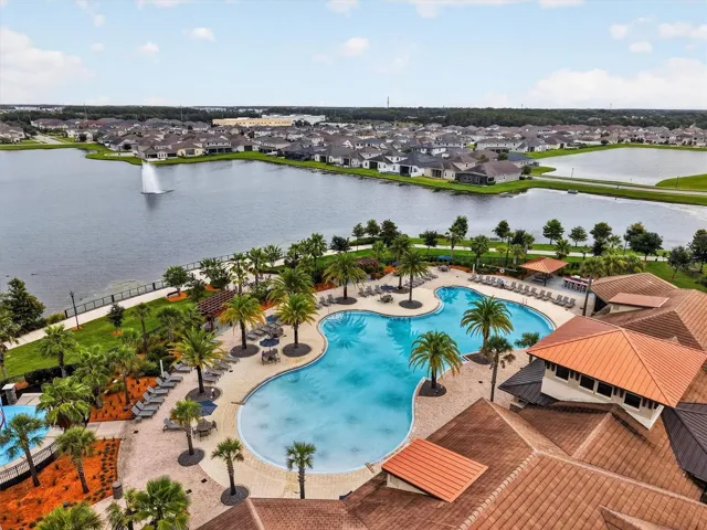 Tapestry community pool overlooking the lake aerial view