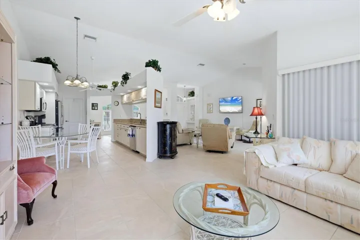 Open Floor Plan view from Family Room to Kitchen on the left &amp; L/R on the right.