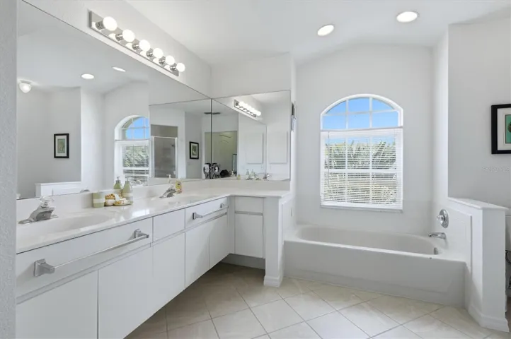 Primary Bath, Dual Sinks, Separate Soaking Tub, Separate Walk-in Shower.