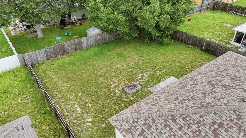 Aerial of backyard, fenced