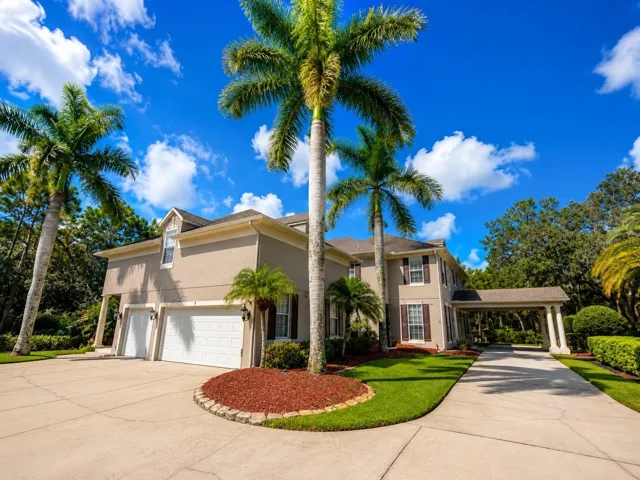 A huge semicircular driveway, extended side driveway, double front doors &amp; front portico for add'l covered parking &amp; an EV charger in the 3 car garage for convenience.