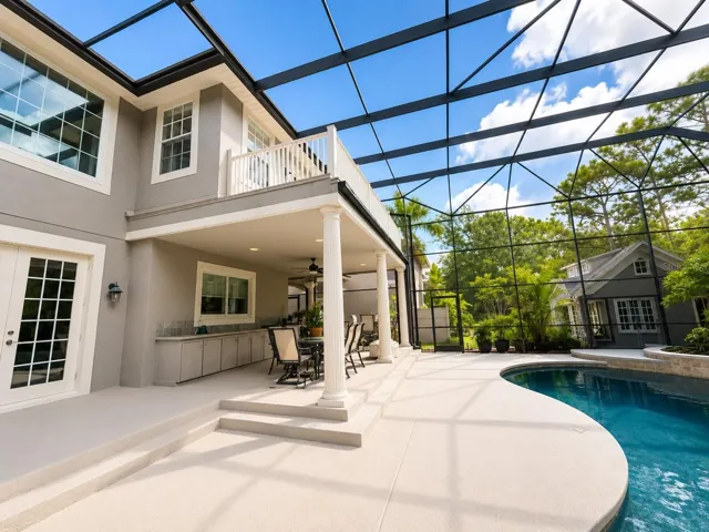 The oversized screened pool area was resurfaced w/ a pebble tec finish &amp; retiled, extensive rock waterfalls w/ an auto timer, salt system, remote pool automation system controlling the pool light, 3 waterfalls, a spill over feature &amp; the pool cleaner. French doors lead out to the screened lanai &amp; full pool bath, plus an outdoor kitchen w/ a grill &amp; sink, all surrounded by mature woods.