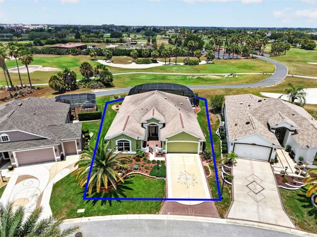 Aerial Front Elevation with Property Lines and Golf Front Views!