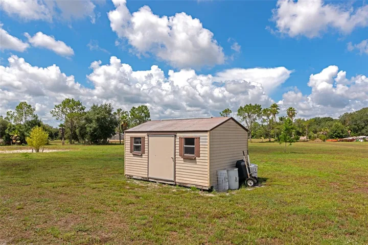 Storage shed with filtration unit inside