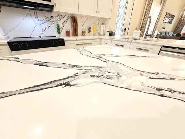DECORATIVE QUARTZ COUNTERTOPS AND BACKSPLASH..