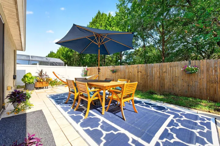 Open air patio and fenced backyard.