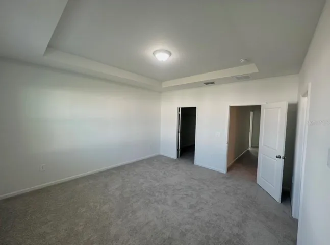 master bedroom with tray ceiling