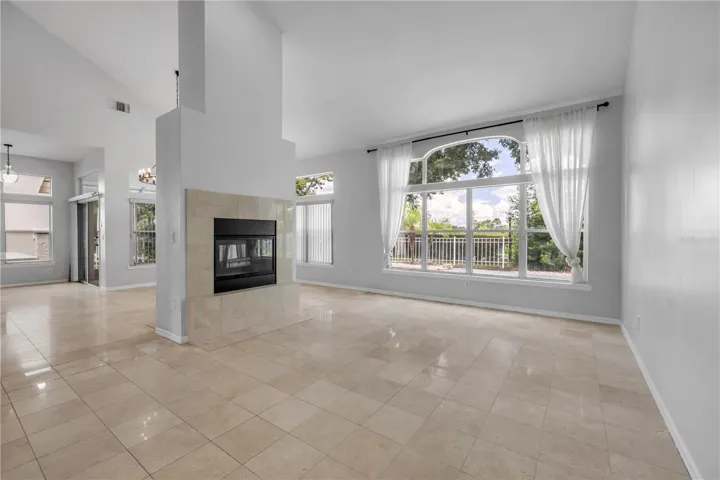 Living area with wood burning fire place