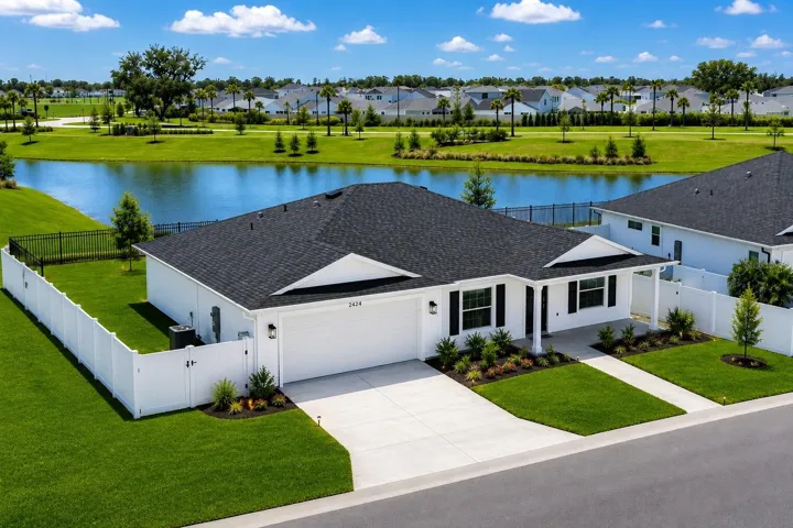 Drone View front of home.  Fenced in yard with a pond view
