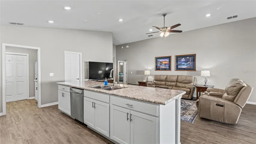 Kitchen island and living room