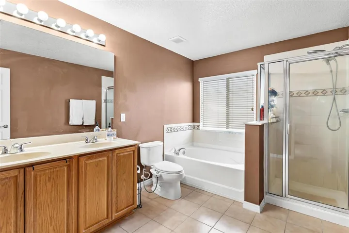 Primary Bathroom features dual vanity sinks, garden tub, and walk in shower.