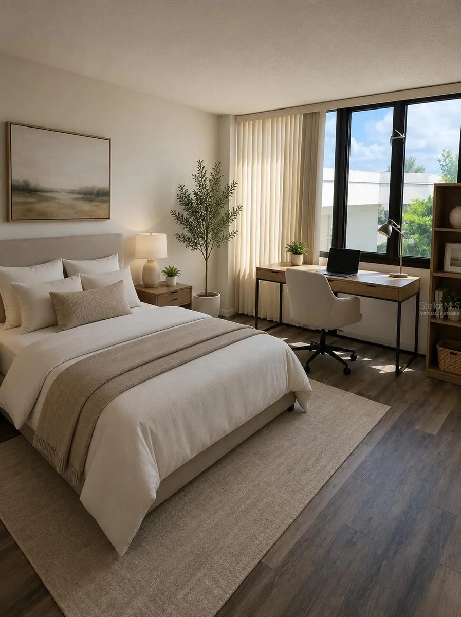 Virtually staged guest bedroom with optional office