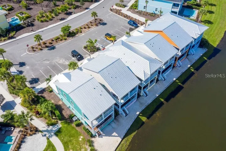 Aerial view of the house and water front