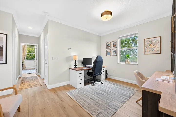 Loft space with a built-in desk.