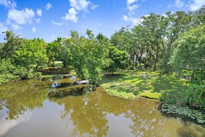 Drone view of spring fed lake, floating dock and backyard.