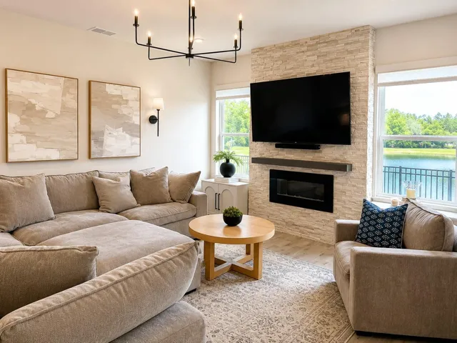 Living area with stone wall, fireplace, and water views