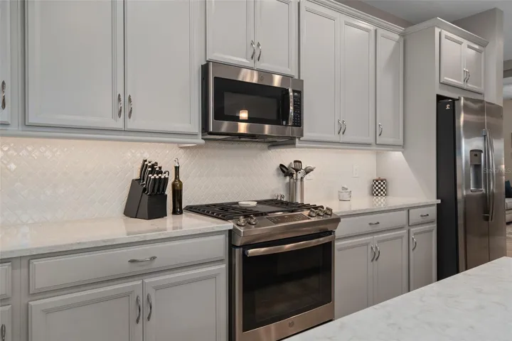Solid Wood Cabinetry with Under Cabinet Lighting, a Built-In Refrigerator Wall Cabinet and a Ceramic Backsplash