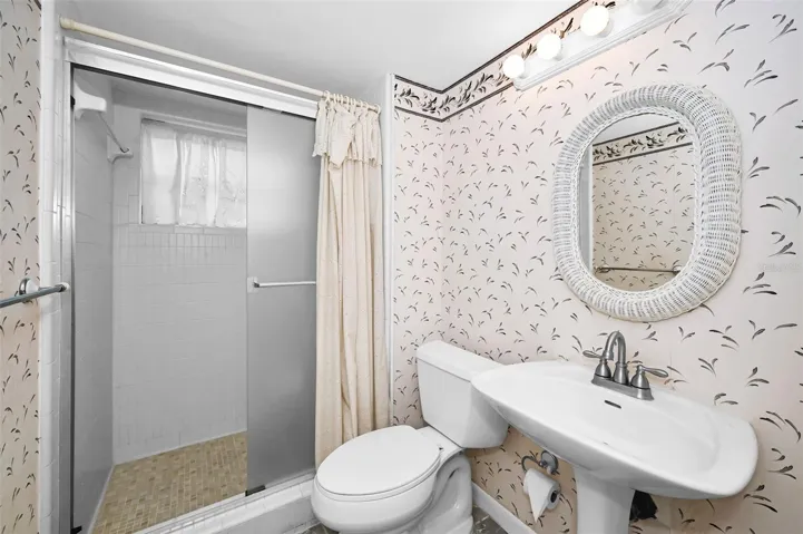The full bath on the main level adjoining the Family Room