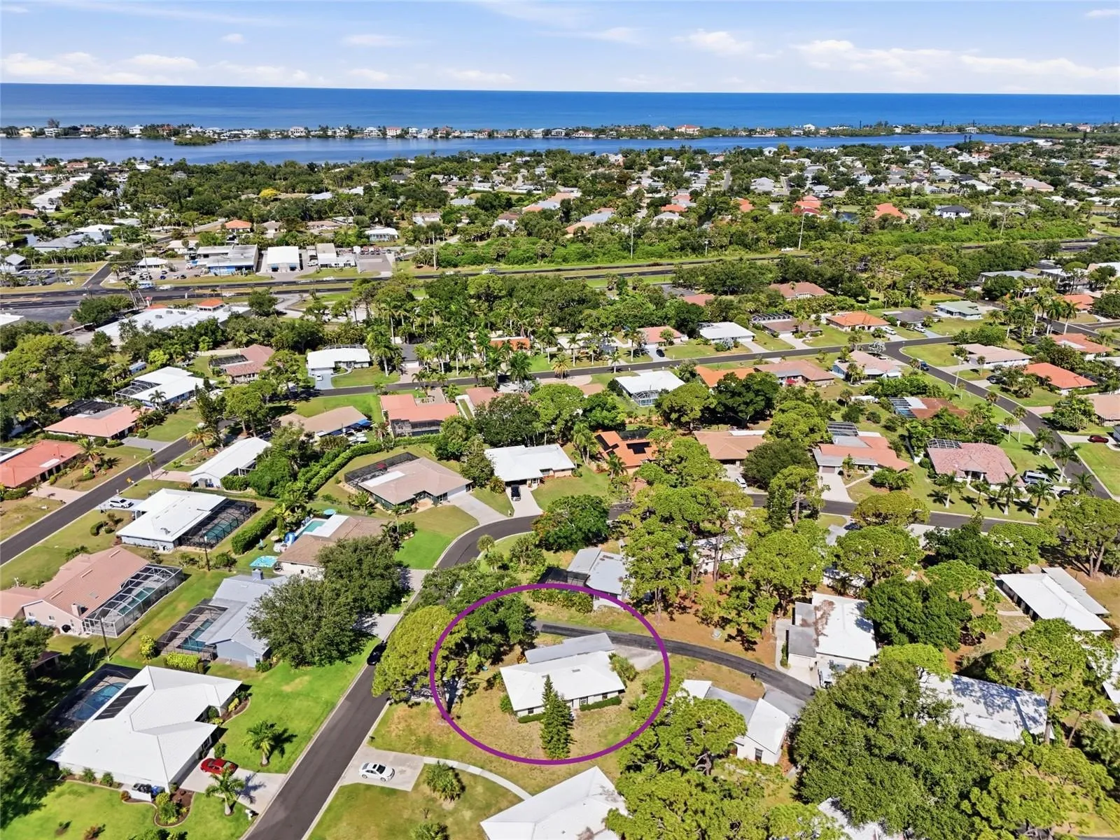 Aerial view of the property looking west toward the Gulf and Casey Key.
