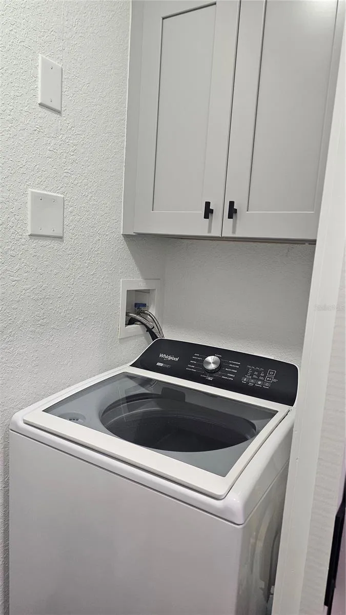 Washer with storage cabinet