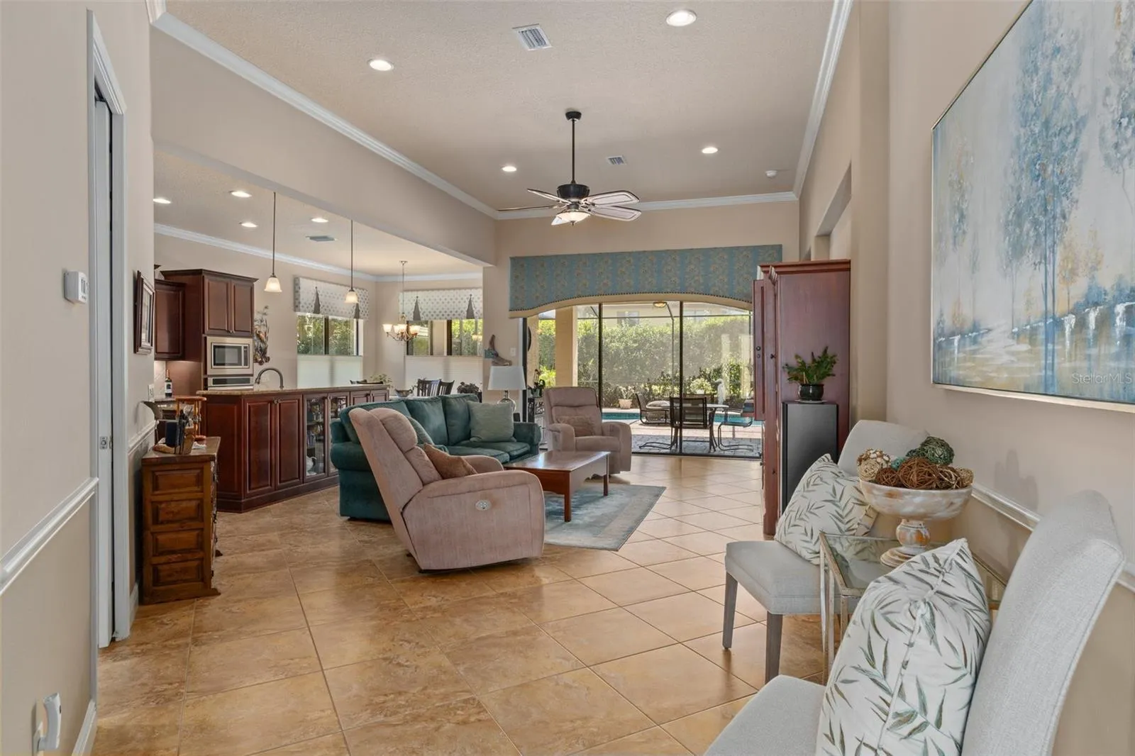Looking from entry hall into the Great Room - the heart of the home. The doorway to the left leads to the guest quarters and laundry room.