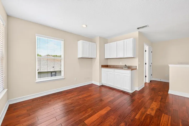 Built-in storage and wet bar.