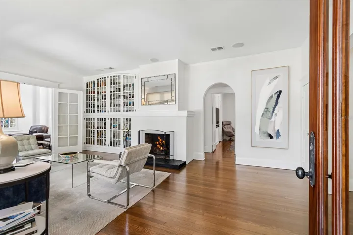 Walk in to the family room with antique bookcases