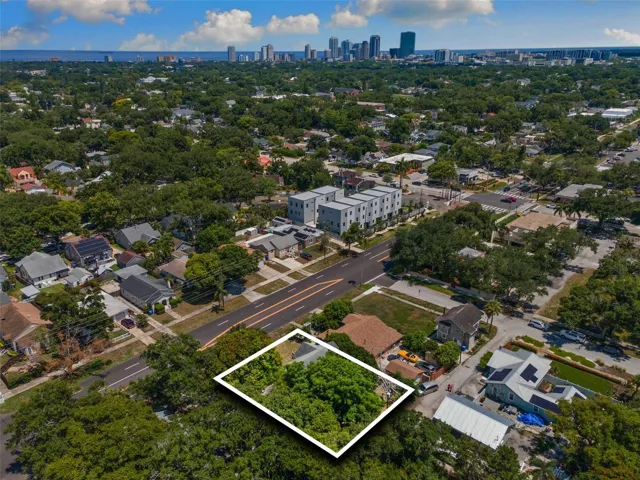Aerial view showing the home's prime location in an established, tree-lined St. Petersburg neighborhood minutes from I-275.