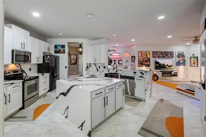 Stunning black and white quartz countertops and backsplash!