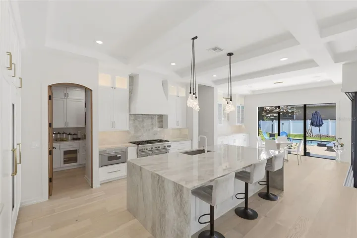 Kitchen features crystallized quartzite counters, oversized waterfall island &amp; walk-in panty