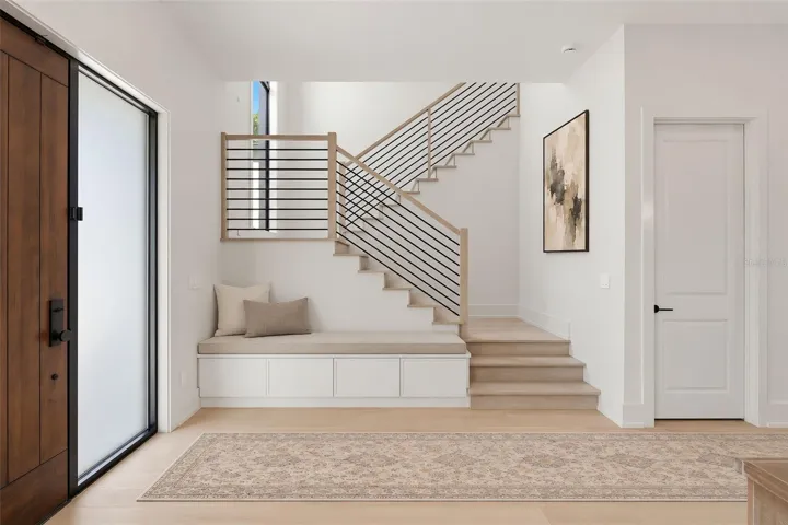 Clean lines of the modern stairway and storage closet to the right