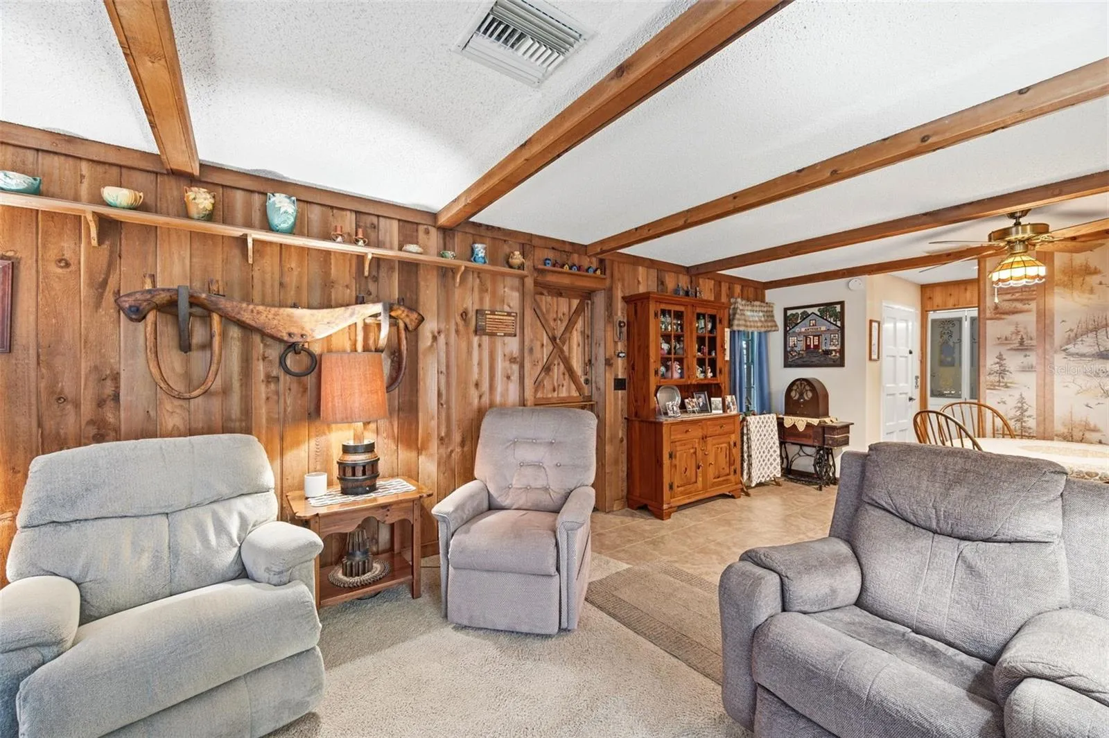 Redwood wall & ceiling beams