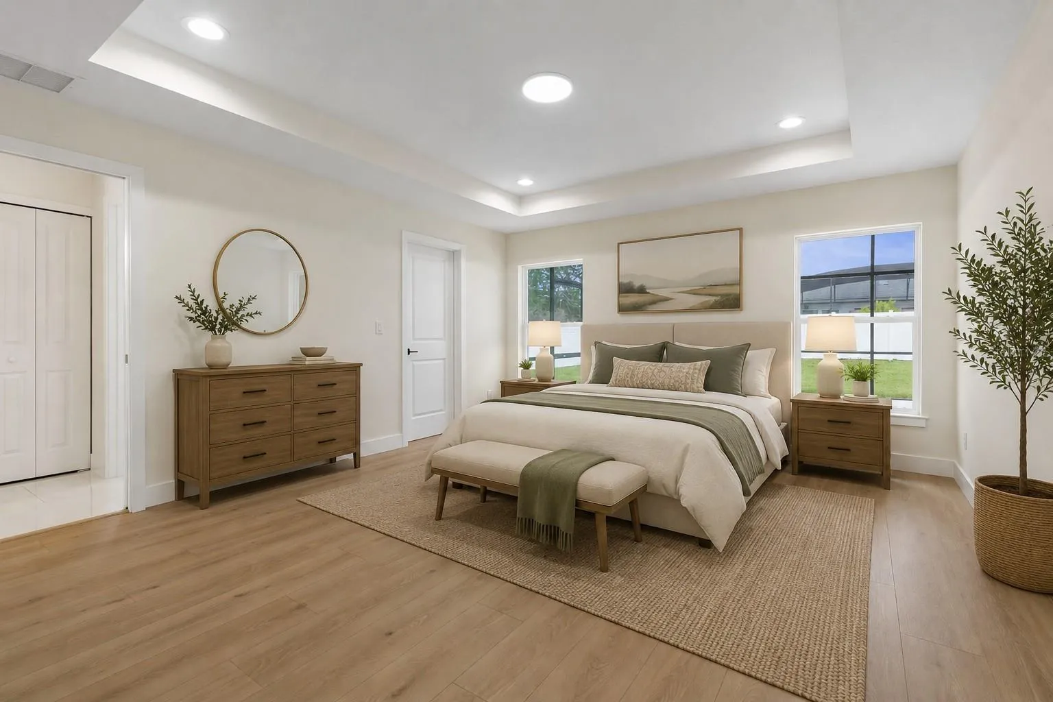 Elegant Primary Bedroom with recessed ceiling