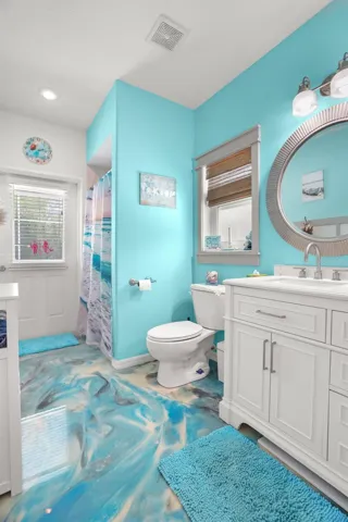 Gorgeous epoxy flooring in this pool bath!!