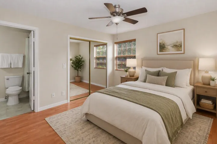 Primary Bedroom with ensuite bathroom and walk in closet - Virtually Staged