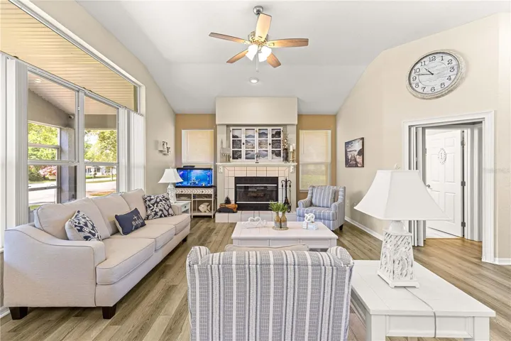 Living area with wood burning fire place