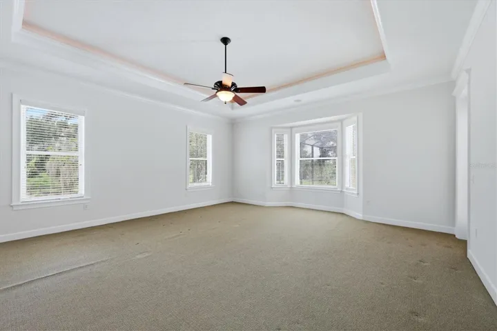 Large primary bedroom with tray ceiling and natural light