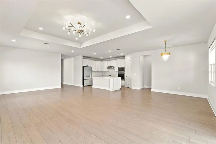 living room with Tray ceiling