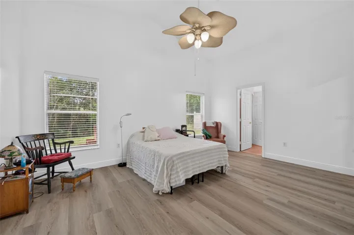 Primary suite with direct access to patio, and large master bathroom with soaking jet tub