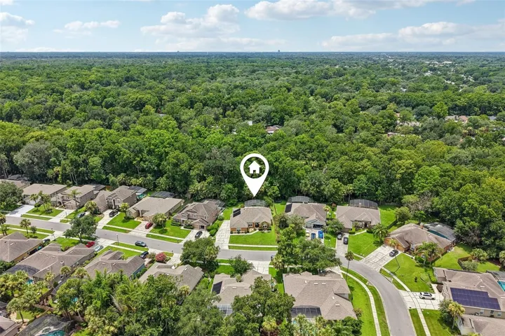 Aerial view of the home and community