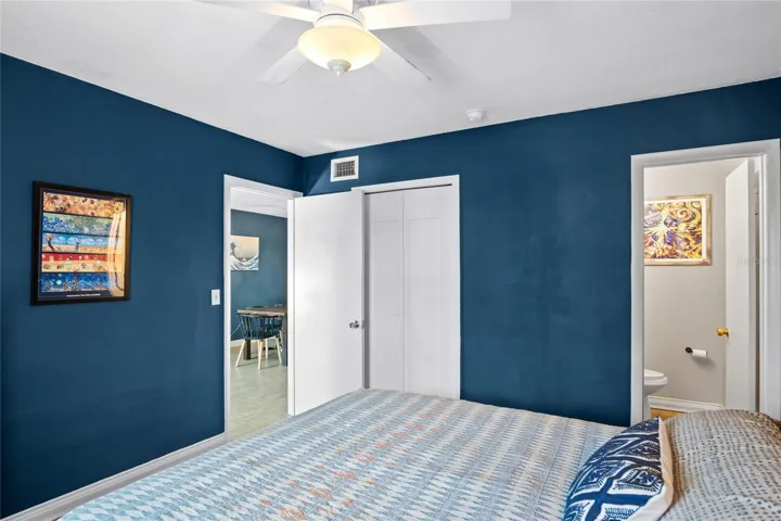 The primary bedroom has a 1/2 bath and good sized closet.