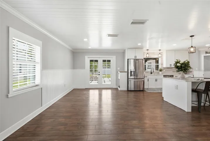 Wainscotting helps define the dining area