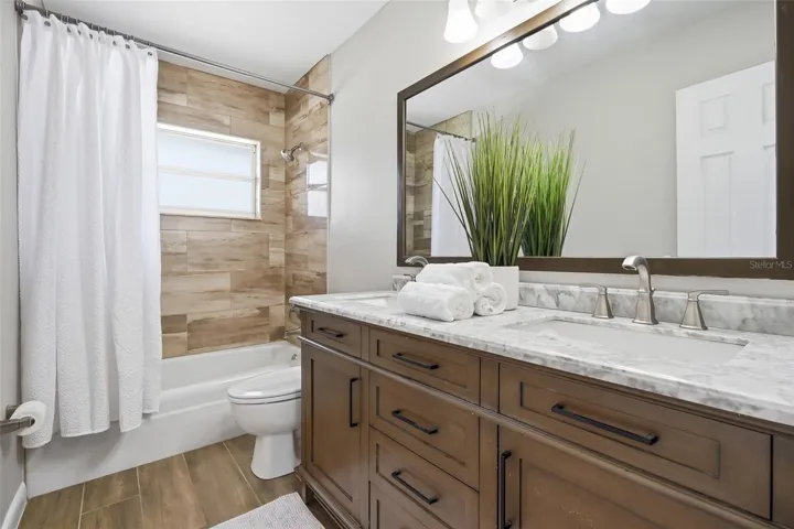 Guest bathroom recently renovated, double vanity