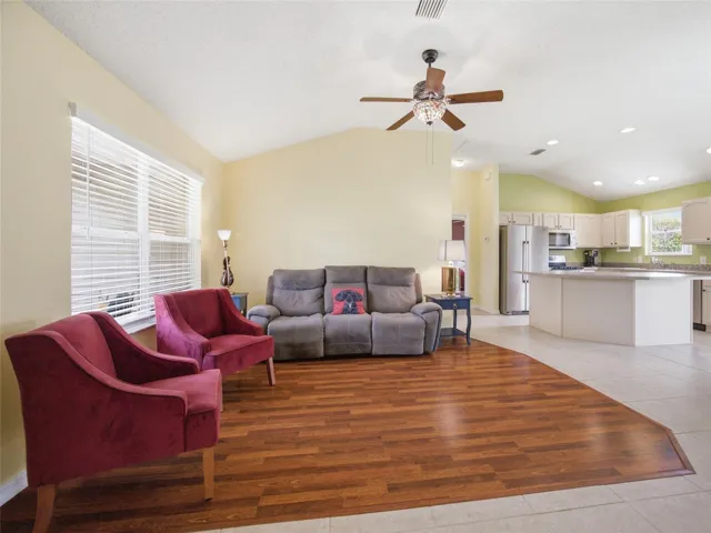 Vaulted ceilings, lots of natural light and open concept floor plan.