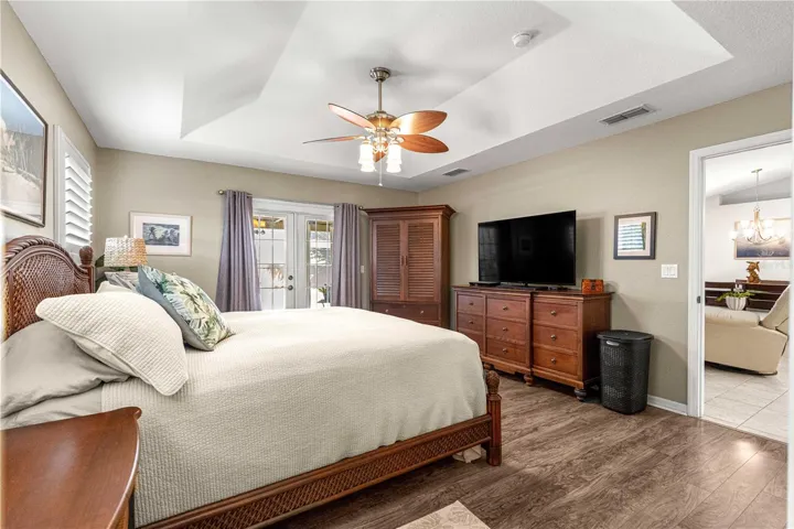 Primary bedroom with tray ceilings
