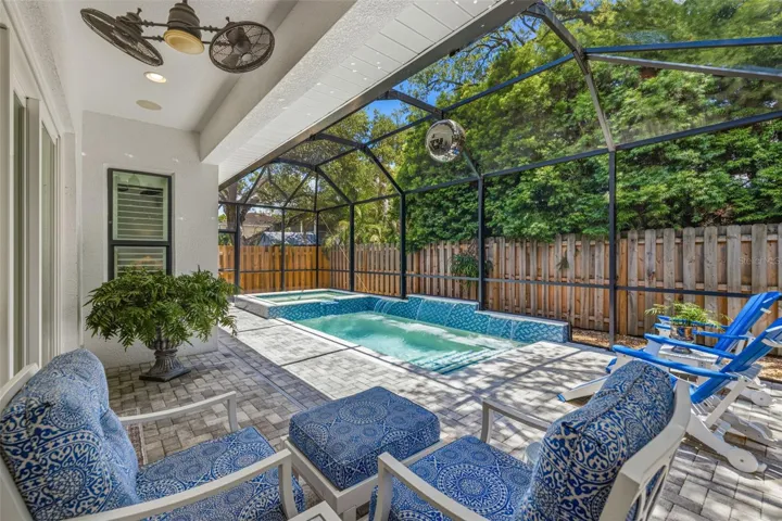 newly added saltwater pool and spa with lighting, waterfall,