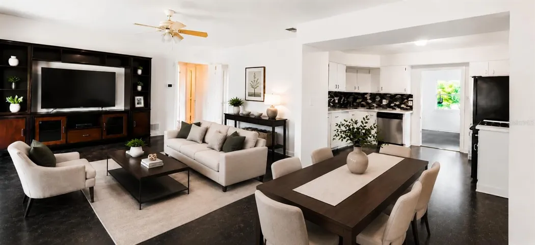 Staged- Open Floor Plan- Living Room, Dining Room & Kitchen