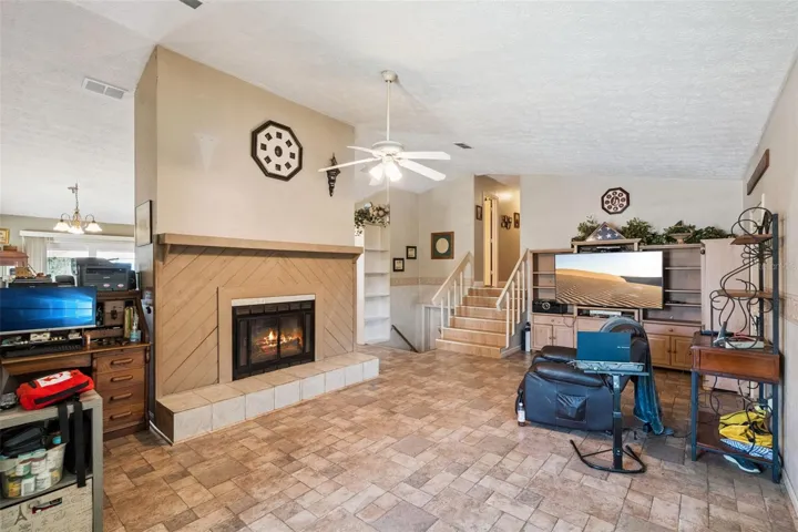 View of living room and fireplace