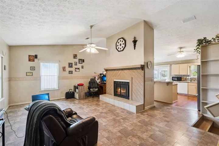 View of living room and fireplace