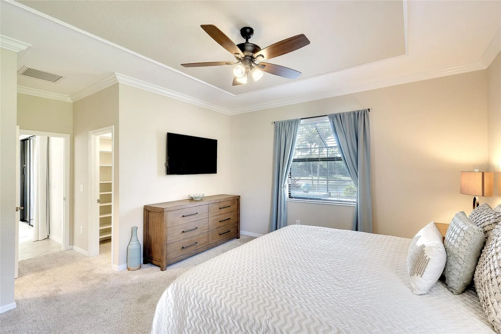 Peaceful Primary Bedroom with Tray Ceiling Detail